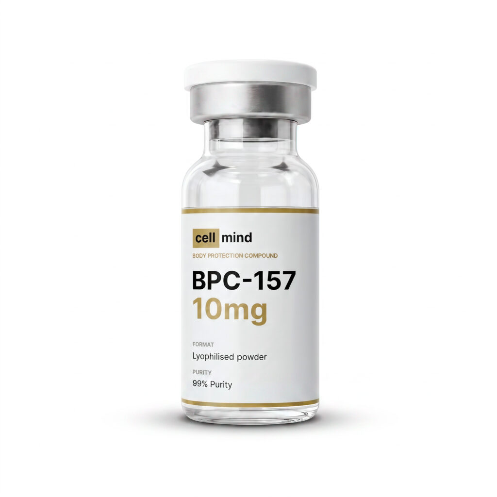 Flacon BPC-157 10 mg par CellMind — poudre peptidique de recherche lyophilisée, 99 % de pureté