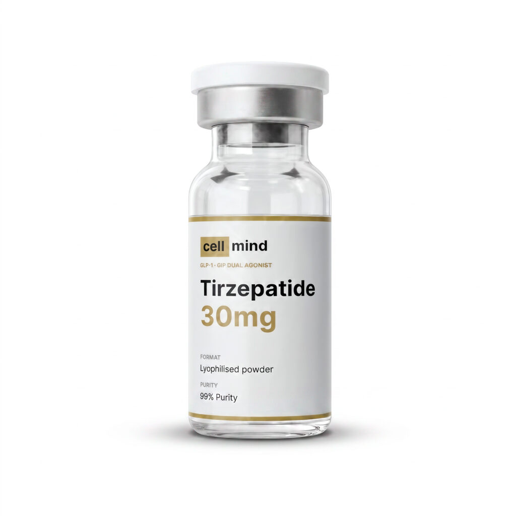 Flacon de Tirzépatide 30 mg par CellMind — peptide de recherche en poudre lyophilisée, pureté 99 %
